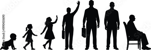 Human Life Cycle Silhouettes from Baby to Elderly Man Representing Aging Process and Growth Stages Isolated on White Background