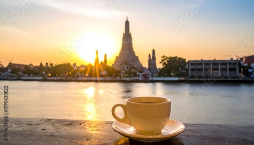 Coffee at Wat Arun with sunrise.