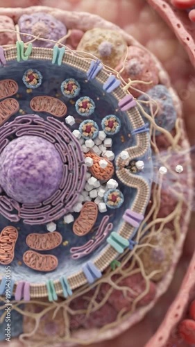 Cell biology organelle membrane cytoplasm nucleus glucose metabolism process with mitochondrion, insulin hormone pancreas release bloodstream, blood vessel red and white blood cell scene