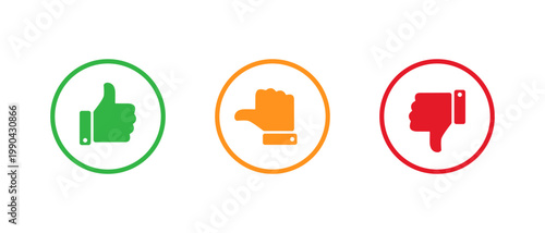 Like, neutral, and dislike icon in circular outline. Thumbs up, sideways, and down symbol