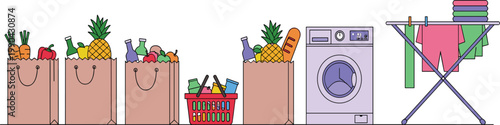Household daily routine illustration with grocery shopping bags, cleaning supplies, washing machine and laundry setup, flat vector design for home lifestyle and chores concept
