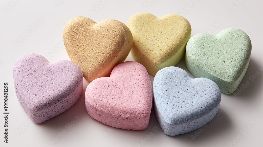 Obraz premium On a solid white surface, seven heart shaped items are casually grouped. the items are colored in delicate hues of pink, yellow, green, and blue.