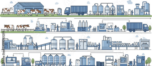Milk production process from farm to factory with dairy processing packaging distribution and retail workflow industry illustration collection