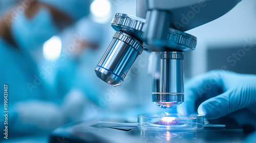 Surgical microscope in an operating room with doctors performing ophthalmic microsurgery, ophthalmological clinic and microsurgical equipment concept, defocused background, with