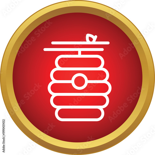 White outline beehive icon on a red and gold button representing beekeeping