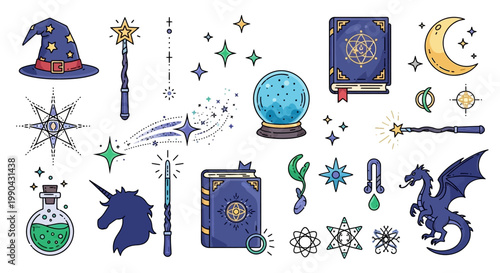 Magic wand and mystical accessories float in this whimsical fantasy set.