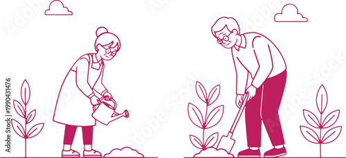 Couple gardening silhouette vector art with plants and watering can on transparent background.