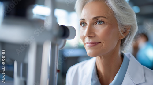 Ophthalmologist examining a senior patient's eyes using a digital microscope during a medical ophthalmologic examination, defocused background, with copy space