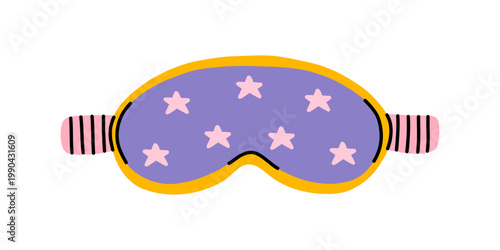 Vector cute purple sleep mask with pink star pattern and yellow border. Cozy bedtime accessory illustration in playful style for travel, relaxation and night rest theme.