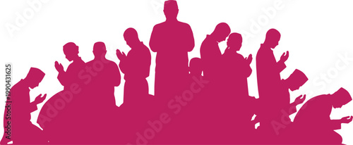 Group of people praying silhouette vector art on transparent background, religious gathering.