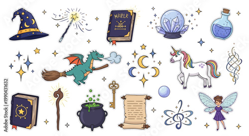 Wizard hat and magic items appear in this mystical flat design.