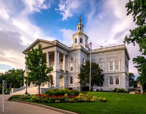 Vermont State House Capitol Building Neoclassical Architecture Granite Facade White Columns Golden Statue Dome Blue Cloudy At Golden Hour