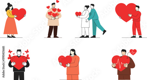 People holding hearts vector illustration set with love relationships romance and healthcare symbols in modern flat cartoon style collection