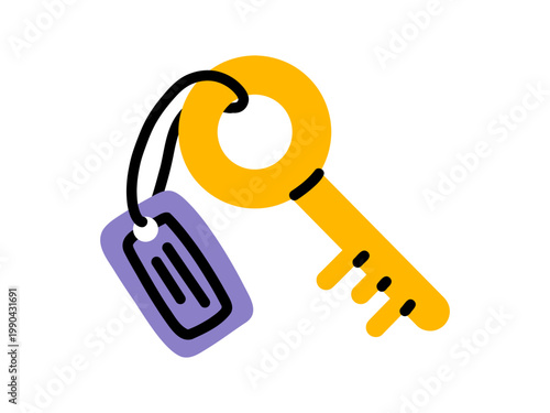 Vector yellow key with round head and purple tag on black loop. Minimal hotel room keychain illustration in bright style for travel, luggage and vacation theme. Key clipart.