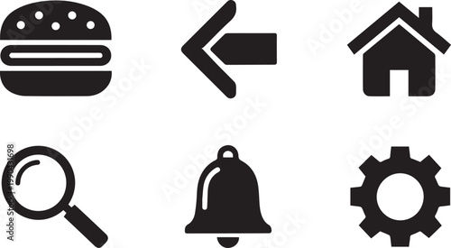A set of black icons on a white background representing various everyday objects and symbols
