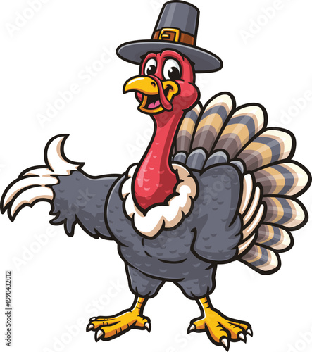 Cartoon mascot illustration of a turkey welcoming Thanksgiving celebration