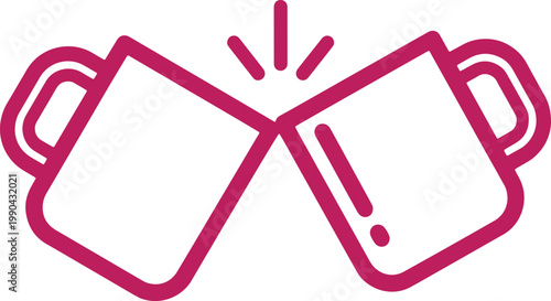 Two pink outline mugs clinking together for a toast with sparkly lines in between.