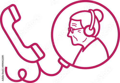 Old woman with headphones talking on a vintage telephone, communication symbol, connection.