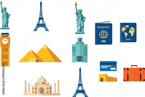 Travel and tourism icons set with world landmarks, passport, suitcase and famous monuments, flat vector illustration collection for vacation, journey and global exploration design