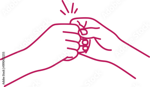 Two pink outline hands bumping fists together, gesture of friendship or agreement.