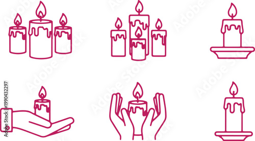 Collection of pink outline candles burning with drips, warm light, ambiance.