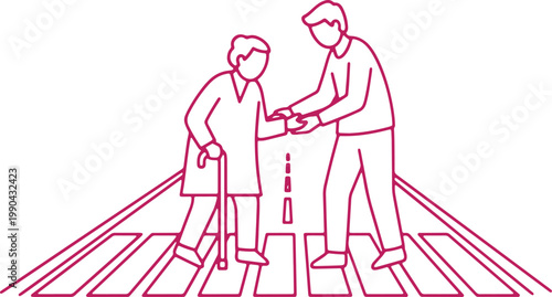 Caregiver assisting elderly person crossing street, safety and help on pedestrian crossing, senior citizen mobility support.