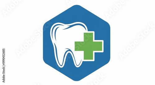 Tooth medical icon with green cross health symbol on blue shield background featuring dental, dentist, healthcare with clinic and dental care