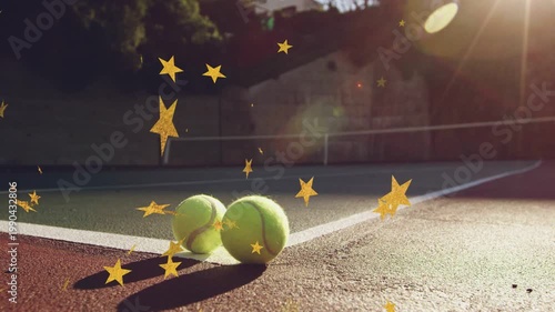 Gold stars drifting, nudging rear ball forward while two balls shifting, sun showing court grain