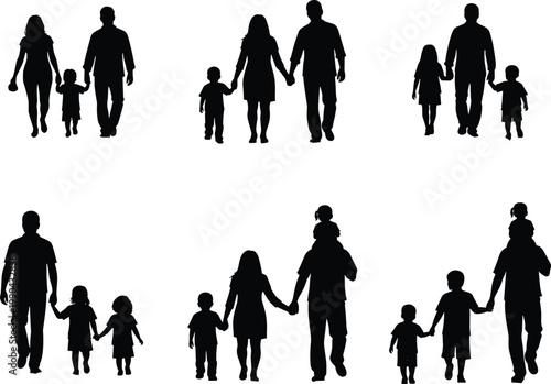 Set of Happy Family Silhouettes Walking Together Holding Hands Parents and Children Isolated on White Background for Diverse Parenting Concept