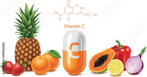 Vitamin C sources illustration with pineapple citrus papaya pepper onion and capsule isolated on white background for health nutrition and supplement concepts