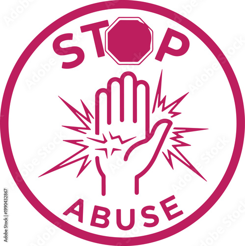 Stop abuse symbol with hand raised, stop sign, pink circle, on transparent background.