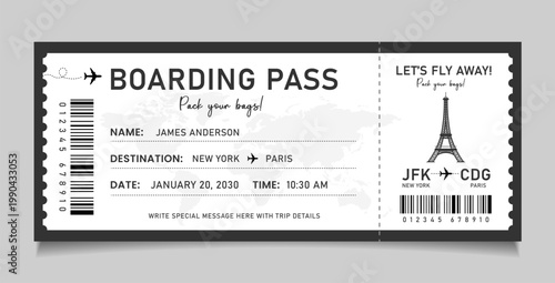 Airline ticket design, Travel flight boarding pass template. Vintage style plane ticket invitation