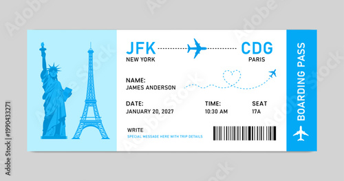 Airline ticket, Boarding pass surprise trip. Event invitations, Gift vouchers, Tourism promotions, Holiday surprise ticket