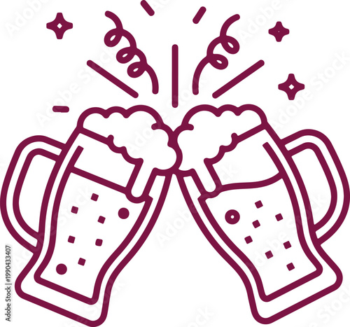 Two beer mugs clinking together celebrating with confetti and stars toast cheers and party festive.