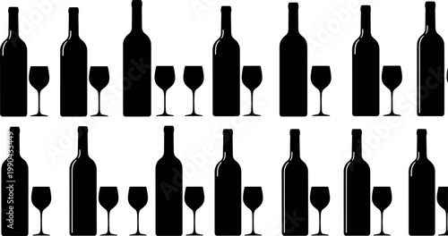 Wine bottle and glass silhouette set with various drink combinations isolated on white background for bar design beverage branding and alcohol concepts