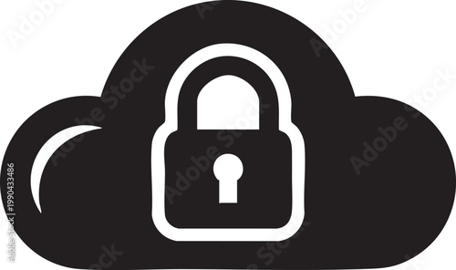 Cloud storage security, secure data lock, black and white icon, cloud computing safety, padlock symbol