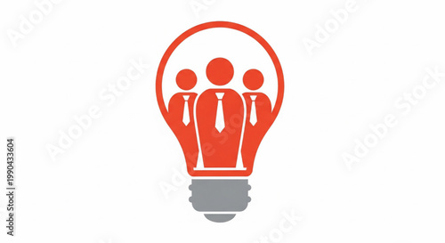 Light bulb icon with red people team inside, flat business concept for leadership and collaboration featuring innovation, idea, management with