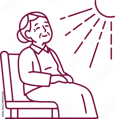 Elderly woman sitting on chair enjoying sunlight elderly person relax vacation summer warm outdoor activity.