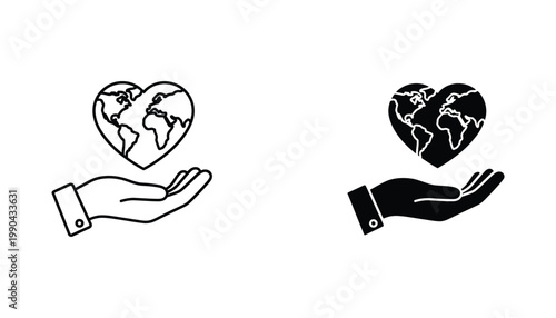 Hand holding heart shaped planet earth icon set in outline and solid black style for environmental protection and global awareness isolated on white background