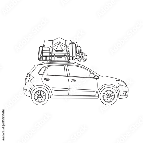 Car with luggage on roof rack isolated