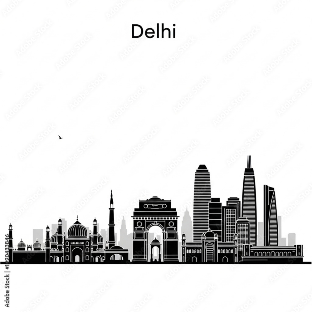 Naklejka premium A black and white vector graphic illustration of the Delhi city skyline featuring iconic landmarks and modern buildings