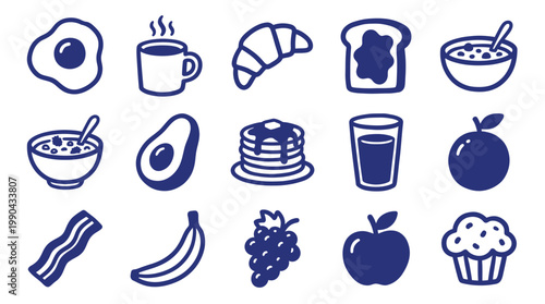 Breakfast Food Handmade Icons Isolated on White Background