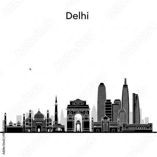 A black and white vector graphic illustration of the Delhi city skyline featuring iconic landmarks and modern buildings