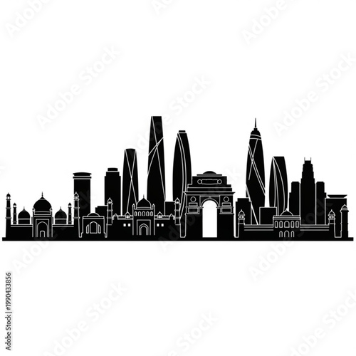 A black and white vector graphic illustration of the New Delhi city skyline, featuring iconic landmarks and modern skyscrapers in a flat, minimalist design