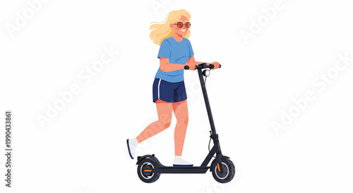 Woman riding electric scooter with protective helmet in flat vector style for urban commuting and mobility