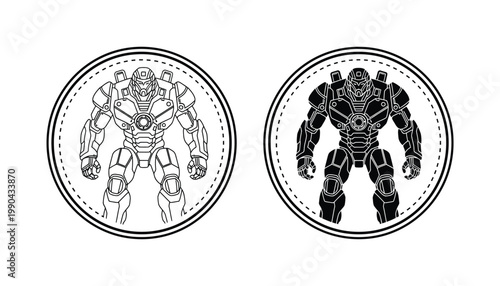 Futuristic mechanical robot soldier in circular frame for sci-fi gaming and tech innovation concepts in high quality vector illustration