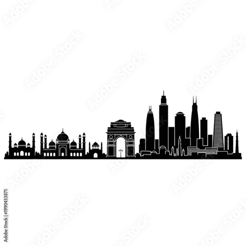 A black and white vector graphic illustration of the New Delhi city skyline, featuring iconic landmarks like the Taj Mahal and modern skyscrapers.