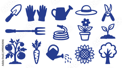 Gardening Tools and Plants Collection Blue Handmade Icons