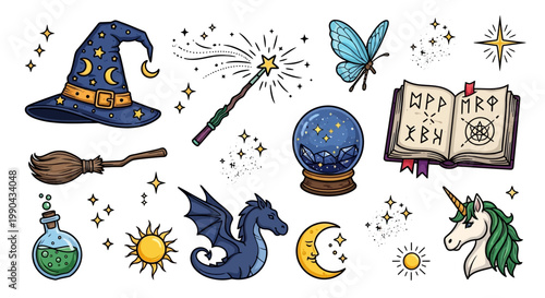 Wizard hat and magic wand feature among various mystical fantasy icons.