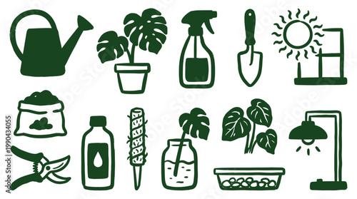 Houseplant Care Tools and Supplies Collection Handmade icons Set